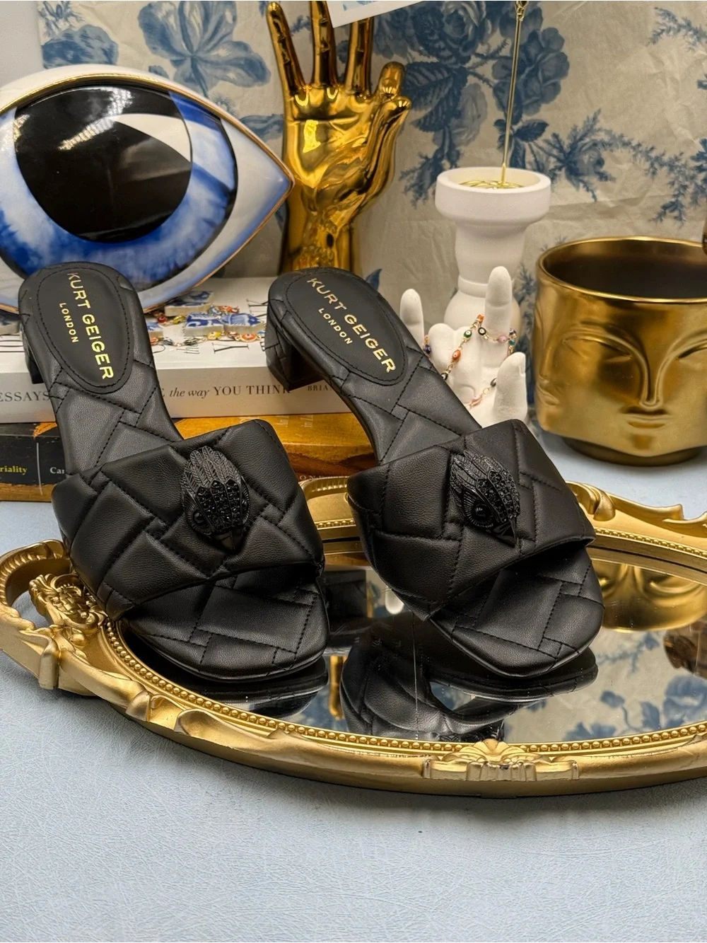 🆕 KURT GEIGER LONDON 🧿 NWOB Black Kensington Quilted Block Heel Sandal, Sz37 7